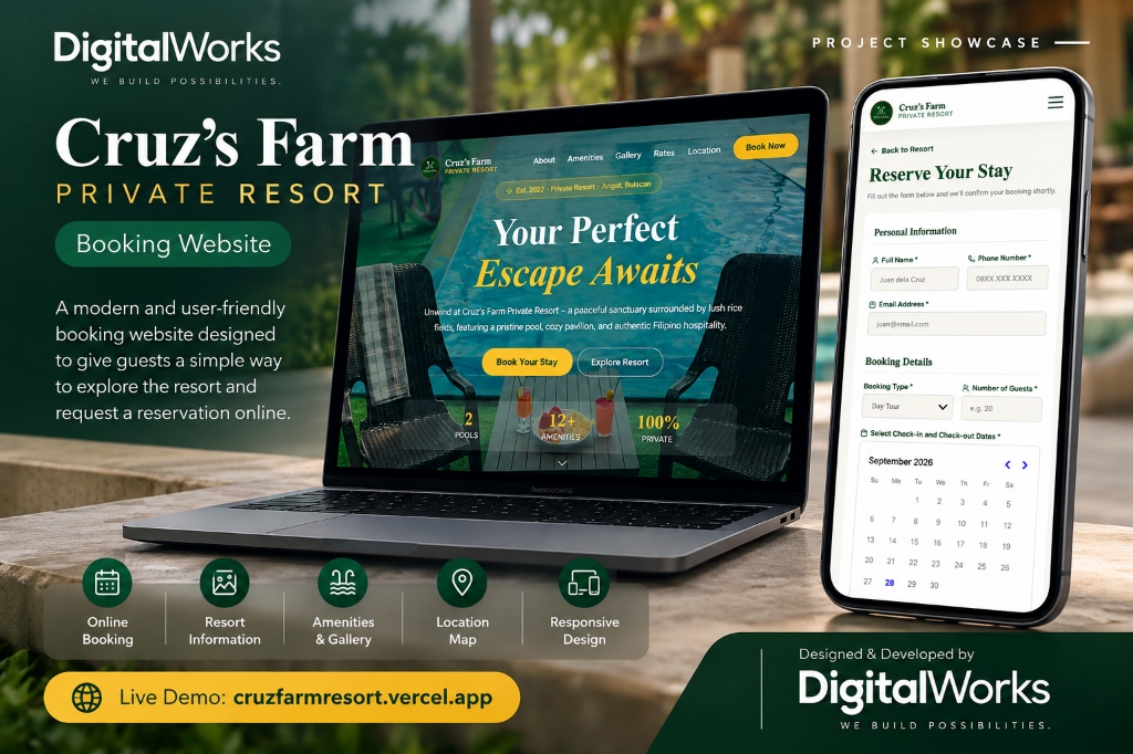 Cruz’s Farm Private Resort website concept shown on laptop and mobile screens