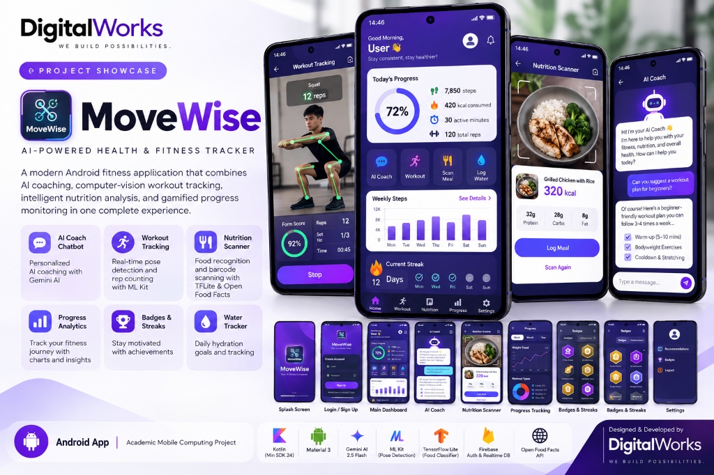 MoveWise Android app showcase showing the coach, workout tracking, nutrition scanning, analytics, badges, and water tracking